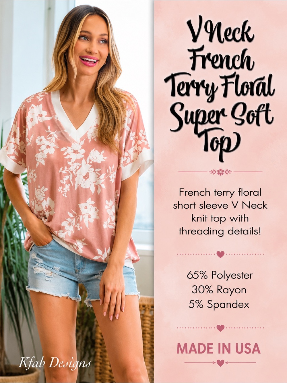 V Neck French Terry Floral Super Soft Top NEW